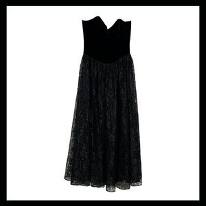 Vintage Black Strapless Maxi Dress Velvet Bodice Lace Witchy Gothic 30" Bust